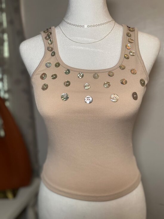 Tops - Beige Embellished Ribbed Tank Top XS Shell Detail Stretch Knit Sleeveless